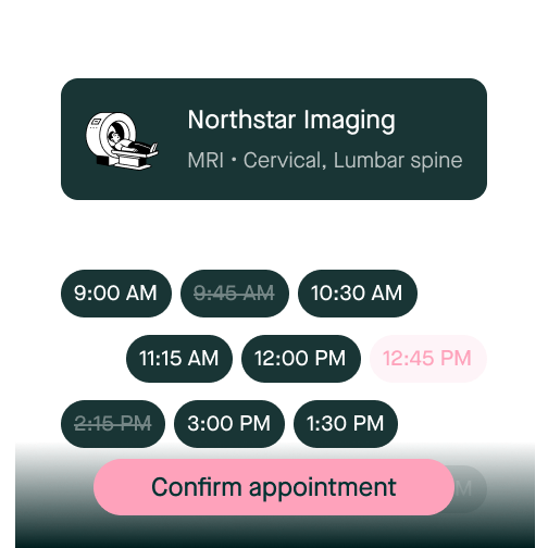 Appointment booking screen for Northstar Imaging with available time slots