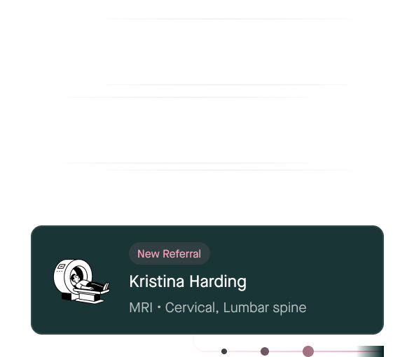 New referral card for Kristina Harding, MRI cervical and lumbar spine