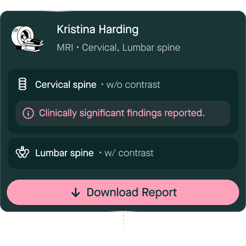 MRI report summary for Kristina Harding with download option